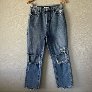 PacSun High Rise Straight Jeans Women’s 27 (28x25) Blue Ripped Skater Button Fly